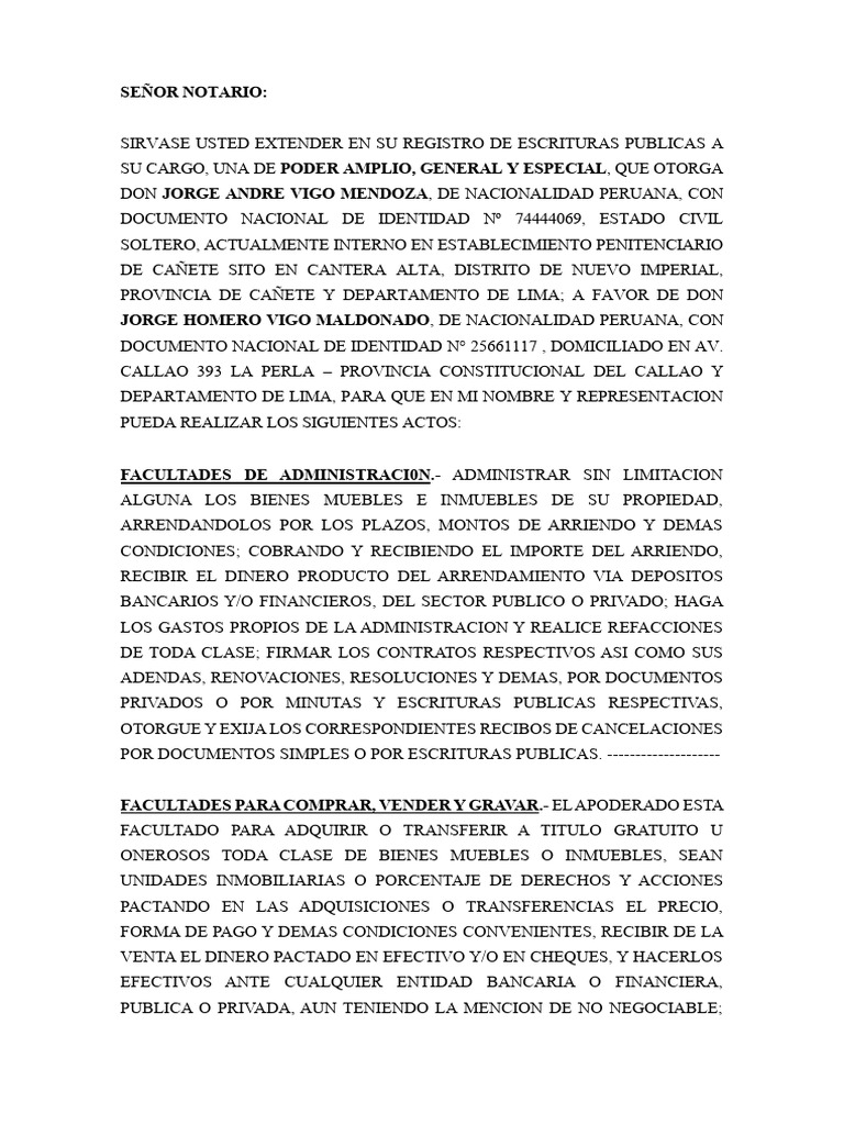 PODER AMPLIO, GENERAL Y ESPECIAL NOTARIAL | PDF | Pagaré | Divorcio