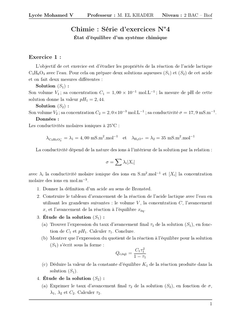 Exercices État d'Equilibre d'Un Systeme Chimique | PDF | Ph | Équilibre ...