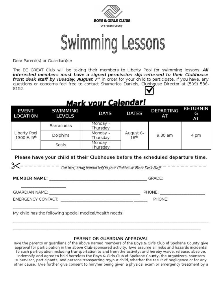 Swimming Lessons Permission Slip | PDF | Career & Growth | Sports ...