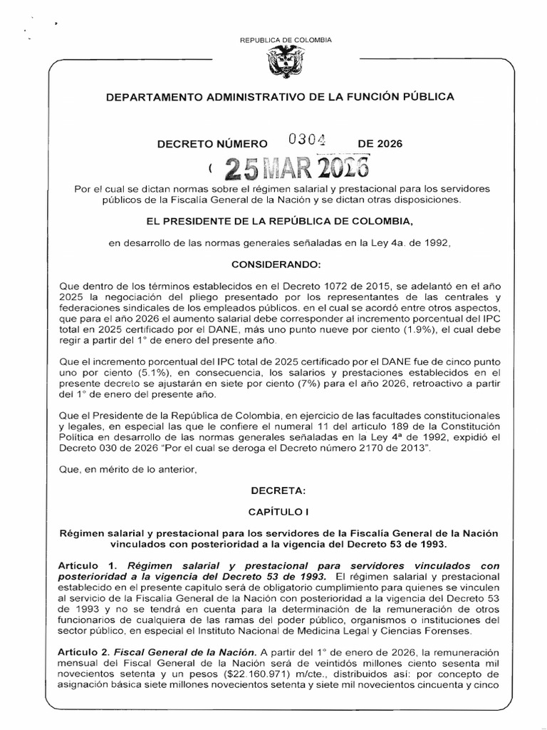 Decreto No. 0304 Del 25 de Marzo de 2026 | PDF | Fiscal | Salario