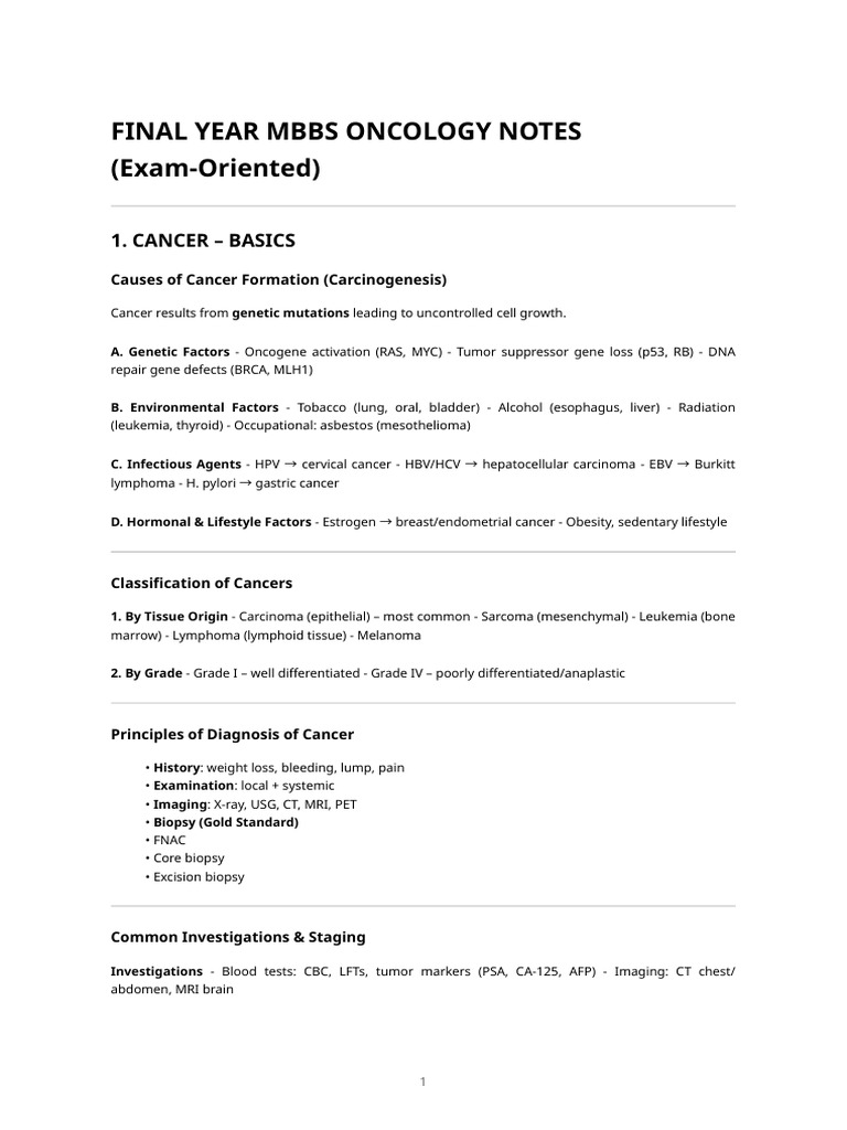 Final Year Mbbs Oncology – Comprehensive Notes | PDF | Cancer | Oncology