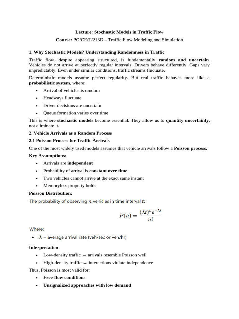 Lecture -Stochastic Models in Traffic Flow | PDF | Poisson Distribution ...