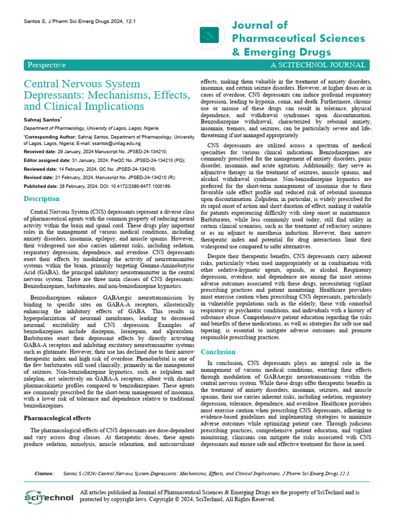 Central Nervous System Depressants Mechanisms Effects and Clinical ...
