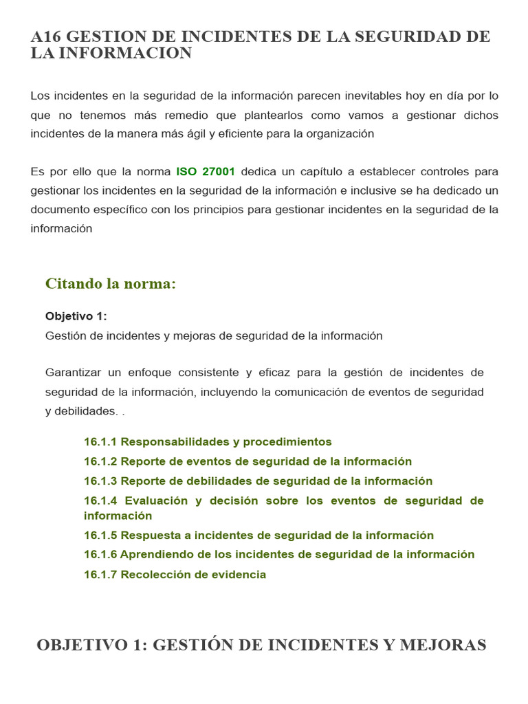 ISO 27002 A16 Gestión de Incidentes de La Seguridad de La Información ...