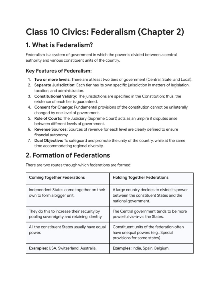 Class 10 Civics_ Federalism Notes | PDF | Political Science | Governance
