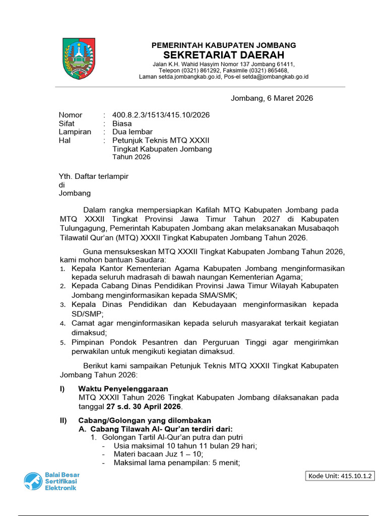 Petunjuk Teknis Mtq Xxxii Tingkat Kabupaten Jombang Tahun 2026-1-8 | PDF