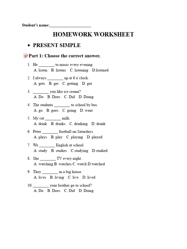 Homework worksheet Present and Past Simple | PDF