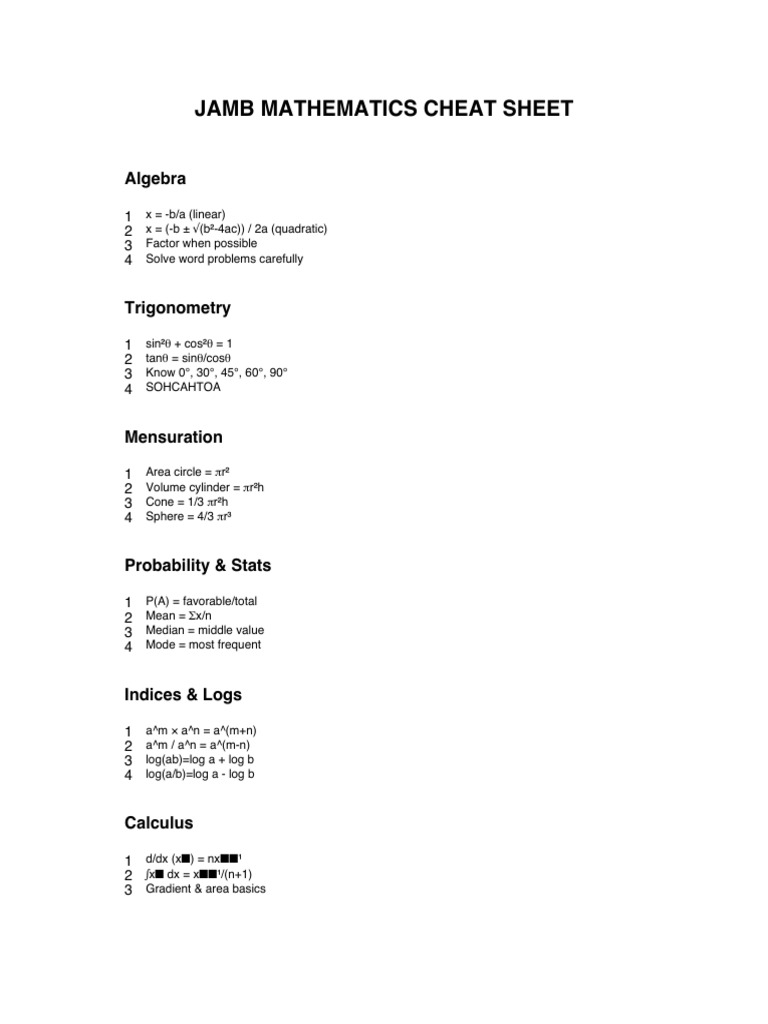 JAMB Maths Cheat Sheet.pdf | PDF