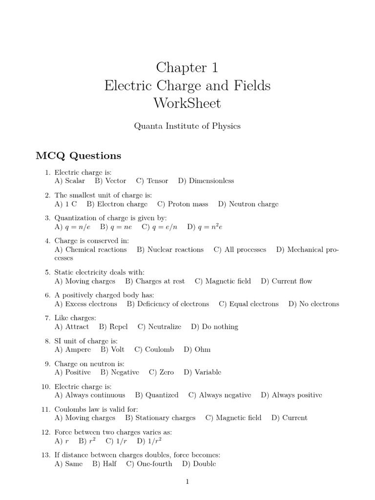 Worksheet 1 Electric Charge and Fields | PDF