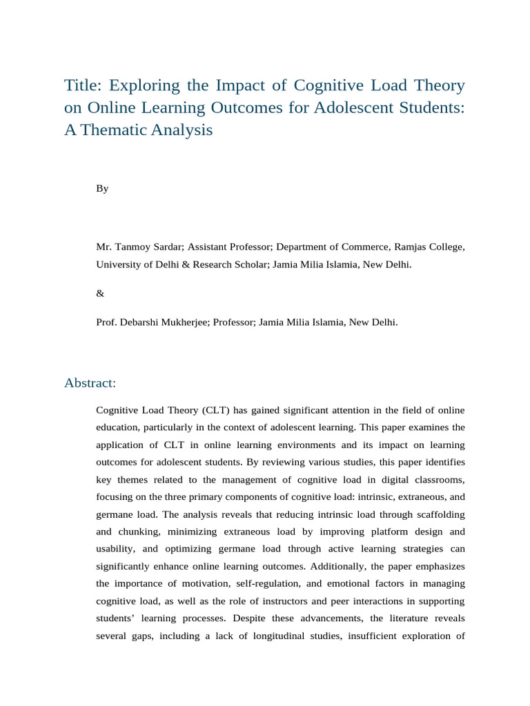 Exploring the Impact of Cognitive Load Theory on Online Learning ...