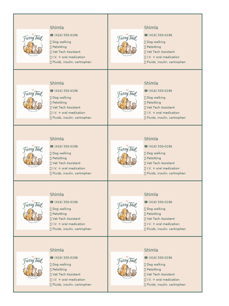 Furry Tail Business Cards Front Back 10up | PDF