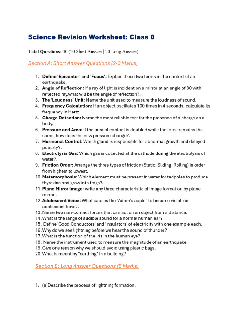 Science Worksheet Class 8th | PDF | Sound | Friction