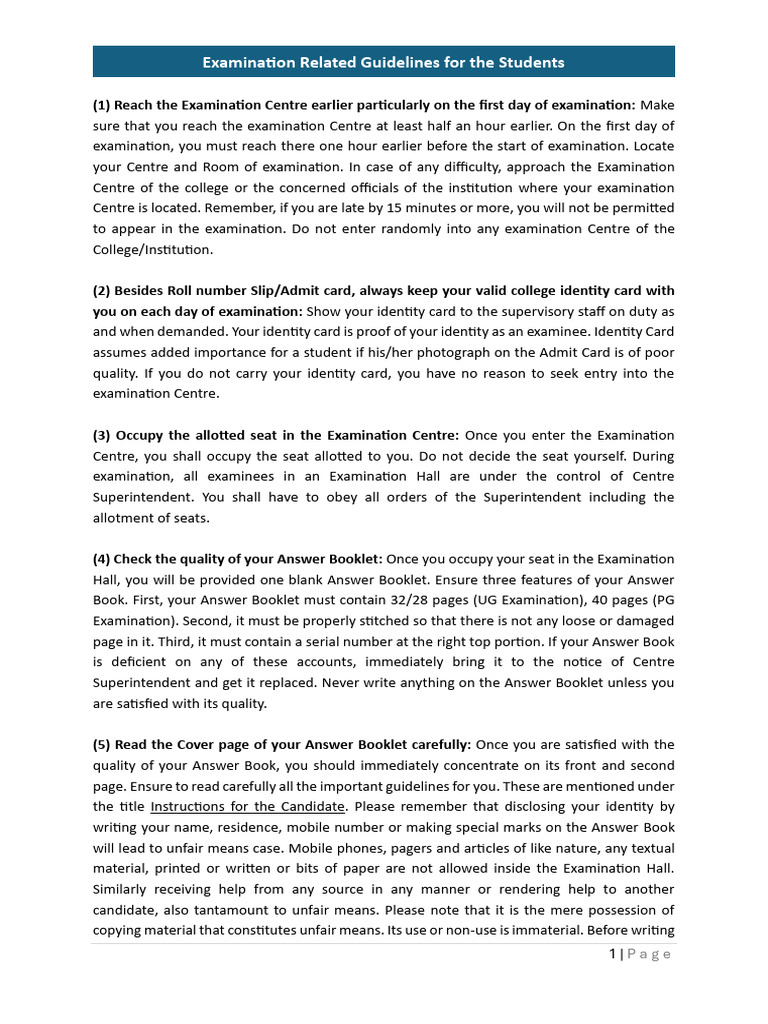 Examination Related Guidelines For The Students | PDF