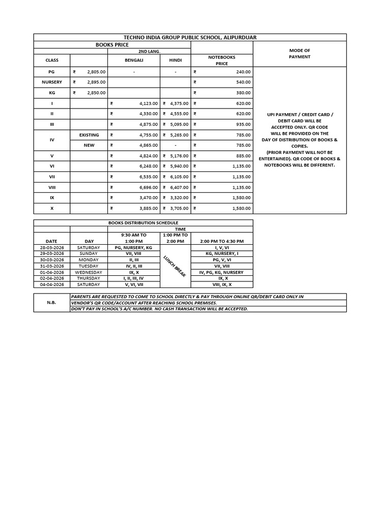 Book Distribution Schedule With Price 2026 | PDF | Debit Card | Payments