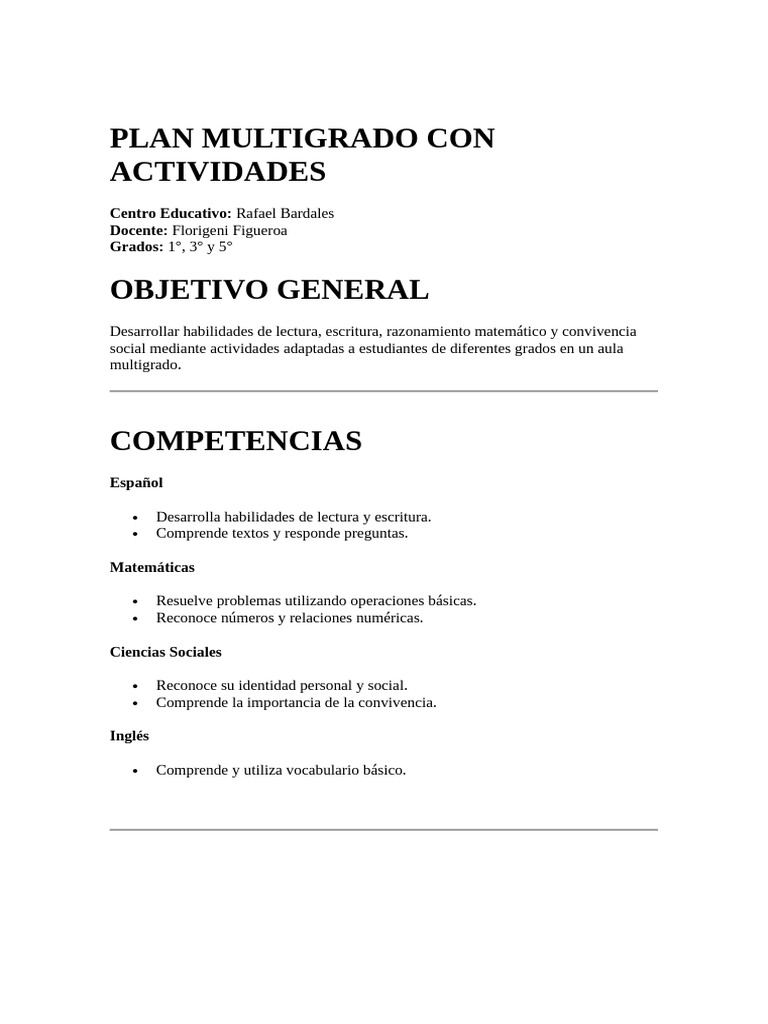 PLAN MULTIGRADO CON ACTIVIDADES semana 1 | PDF | Cognición ...
