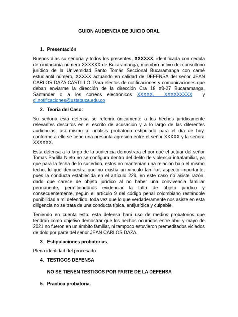 Guion Audiencia Juicio Oral - XXXXXXXX Actualizado | PDF | Justicia ...