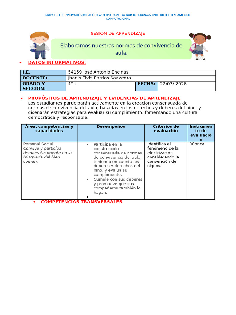 Sesion Normas de Convivencia en Aula | PDF | Aprendizaje | Pedagogía