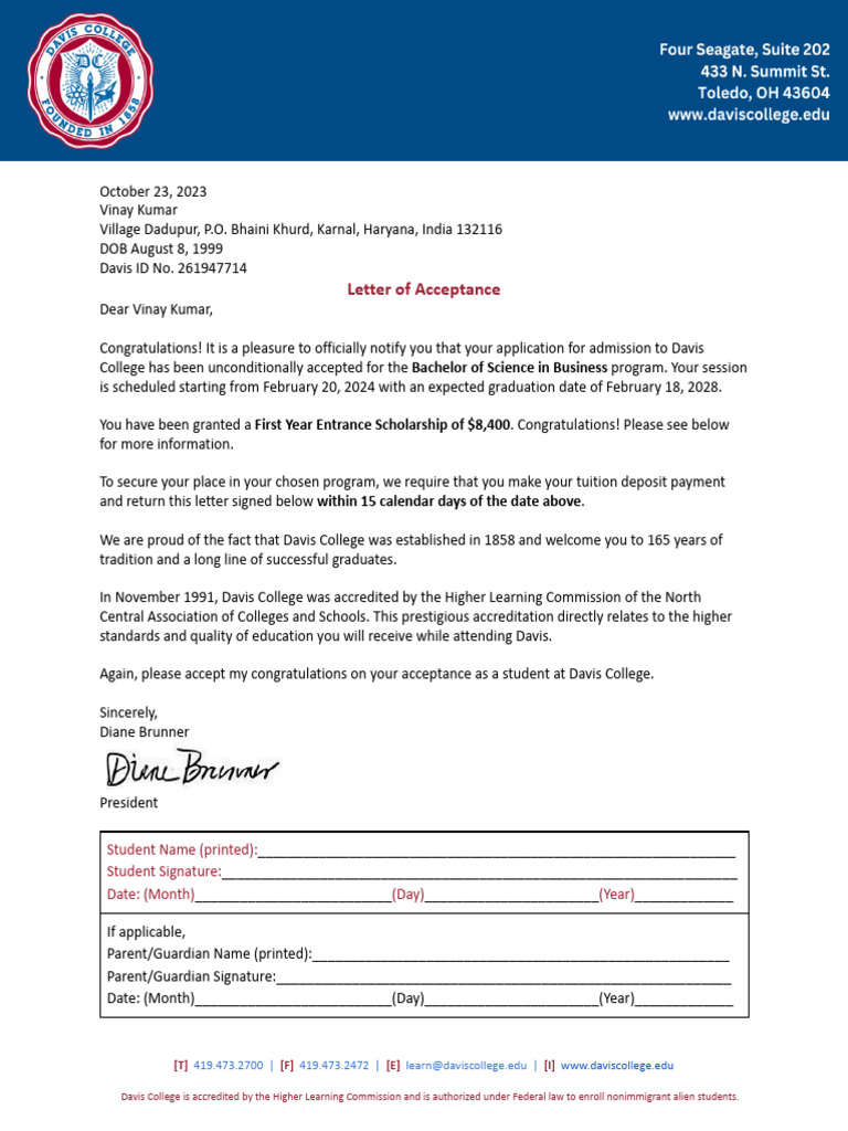 Davis College Offer Letter, Vinay Kumar | PDF | Fee | Insurance