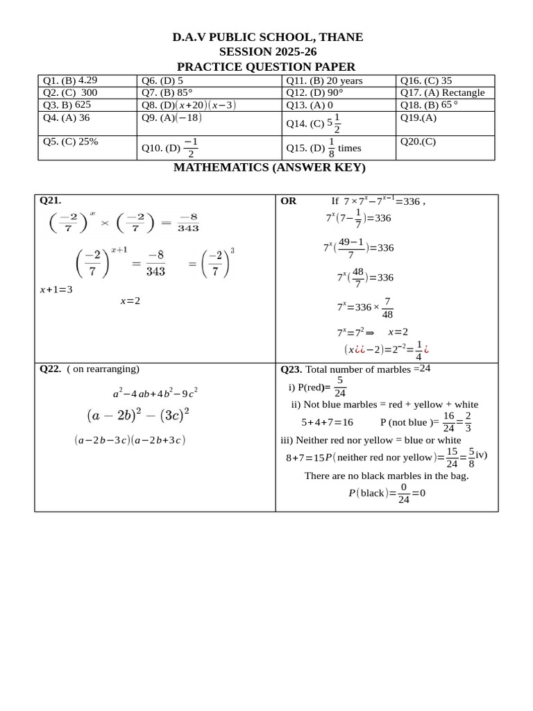 Sample Paper Answer Key | PDF | Volume | Area