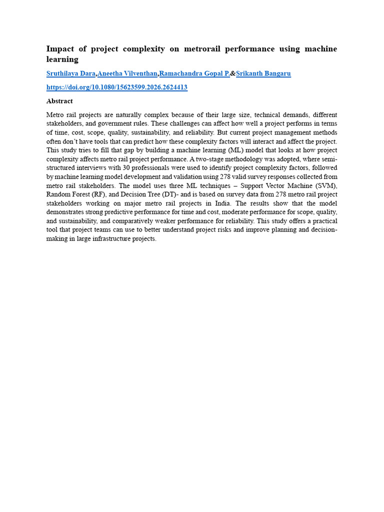 Impact of Project Complexity on Metrorail Performance Using Machine ...