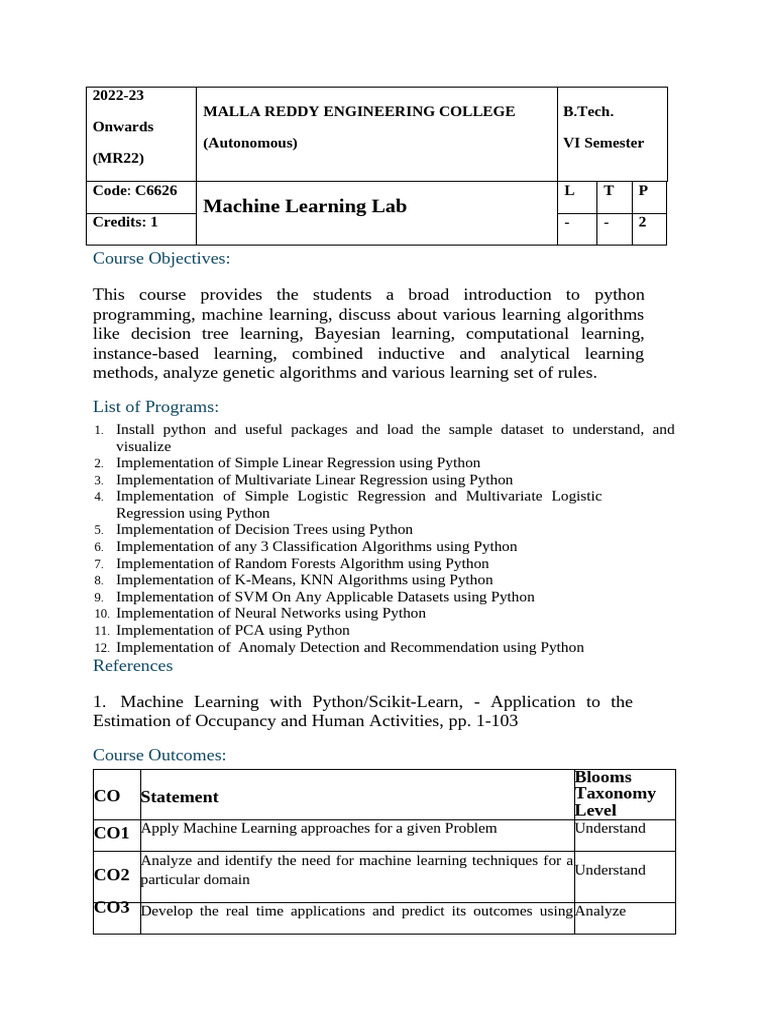 ML LAb Syllabus | PDF | Machine Learning | Software Engineering