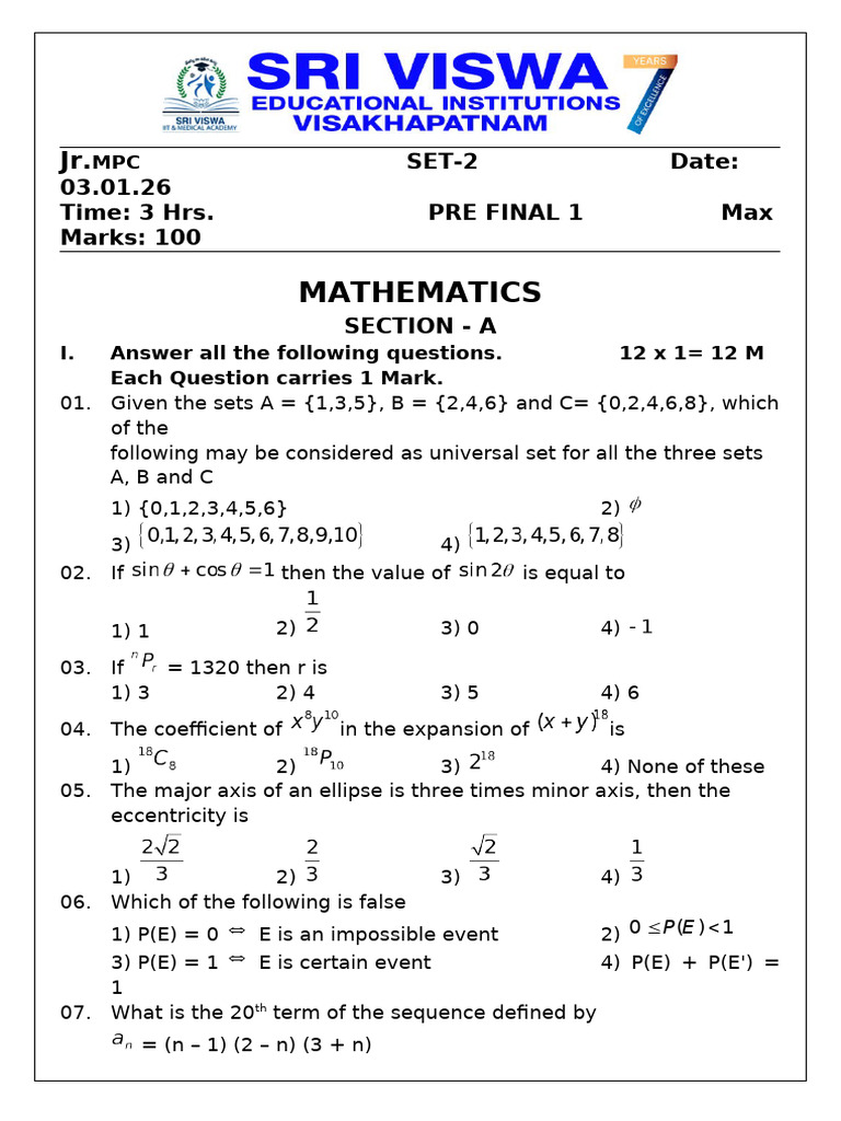 01 # Jr PF 1 Mathematics (Set-2) 03.01.26 | PDF | Mathematical Objects ...