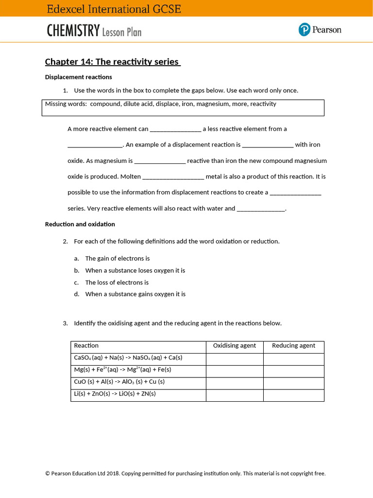 IGCSE Chem Worksheet 14 Reactivity Series | PDF | Chemical Reactions ...