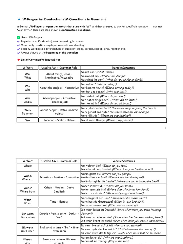 W-Fragen Im Deutschen (W-Questions in German) | PDF | Linguistics | Syntax