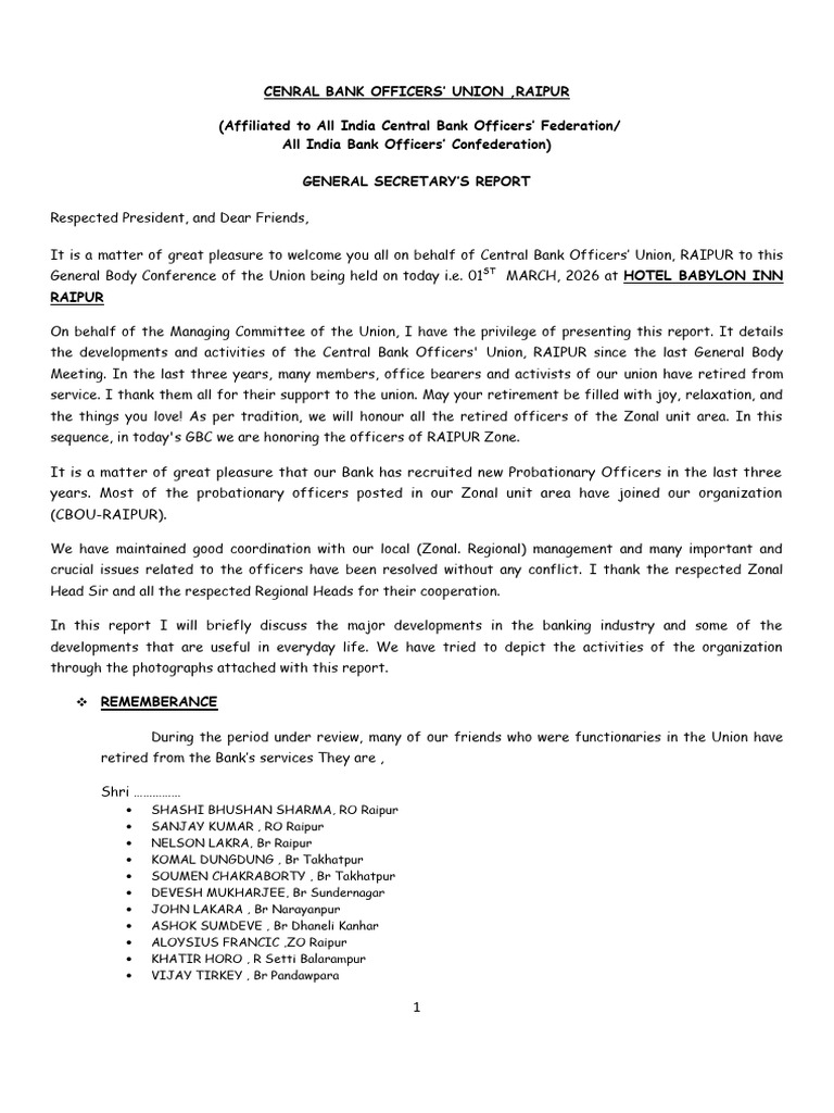 General Secretary Report 2026 - Copy | PDF | Reserve Bank Of India | Banks