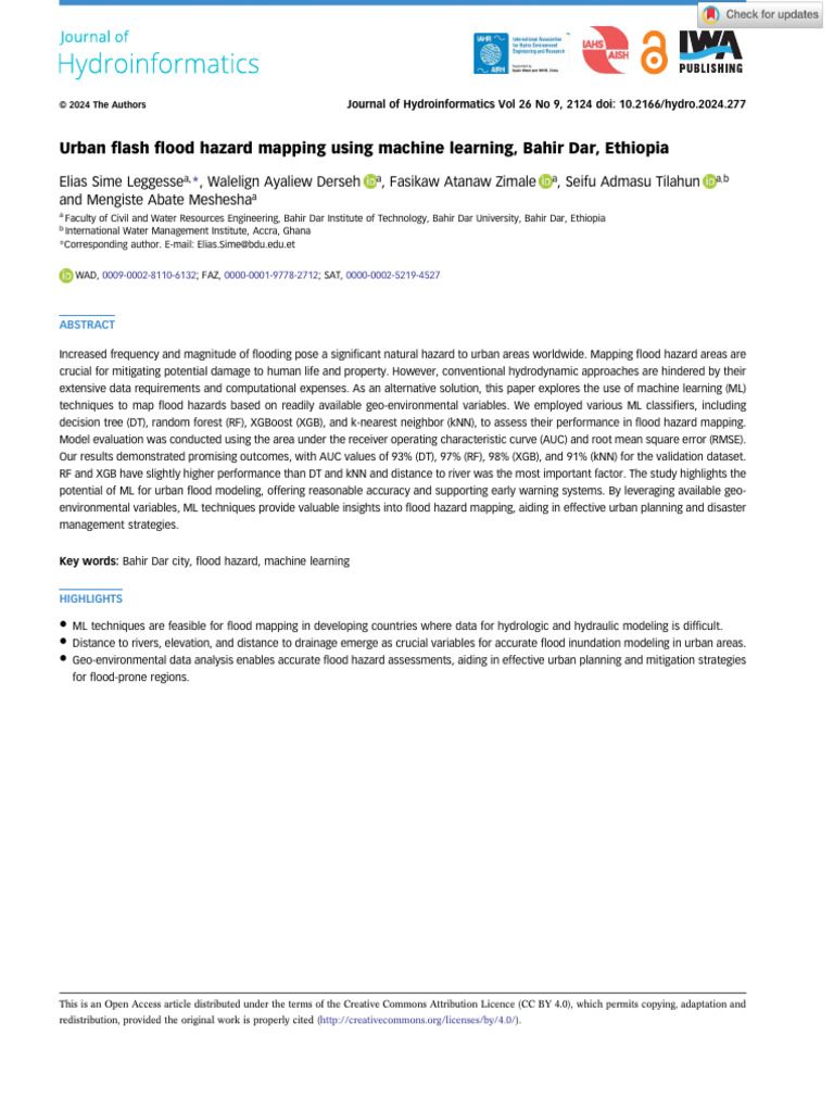 Urban Flash Flood Hazard Mapping Using Machine Learning, Bahir Dar ...