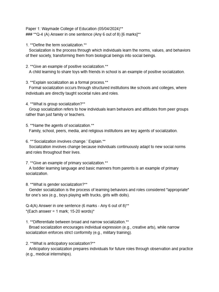 Unit-4,5&6 (2 paper solution)-1 | PDF | Socialization | Gender Role