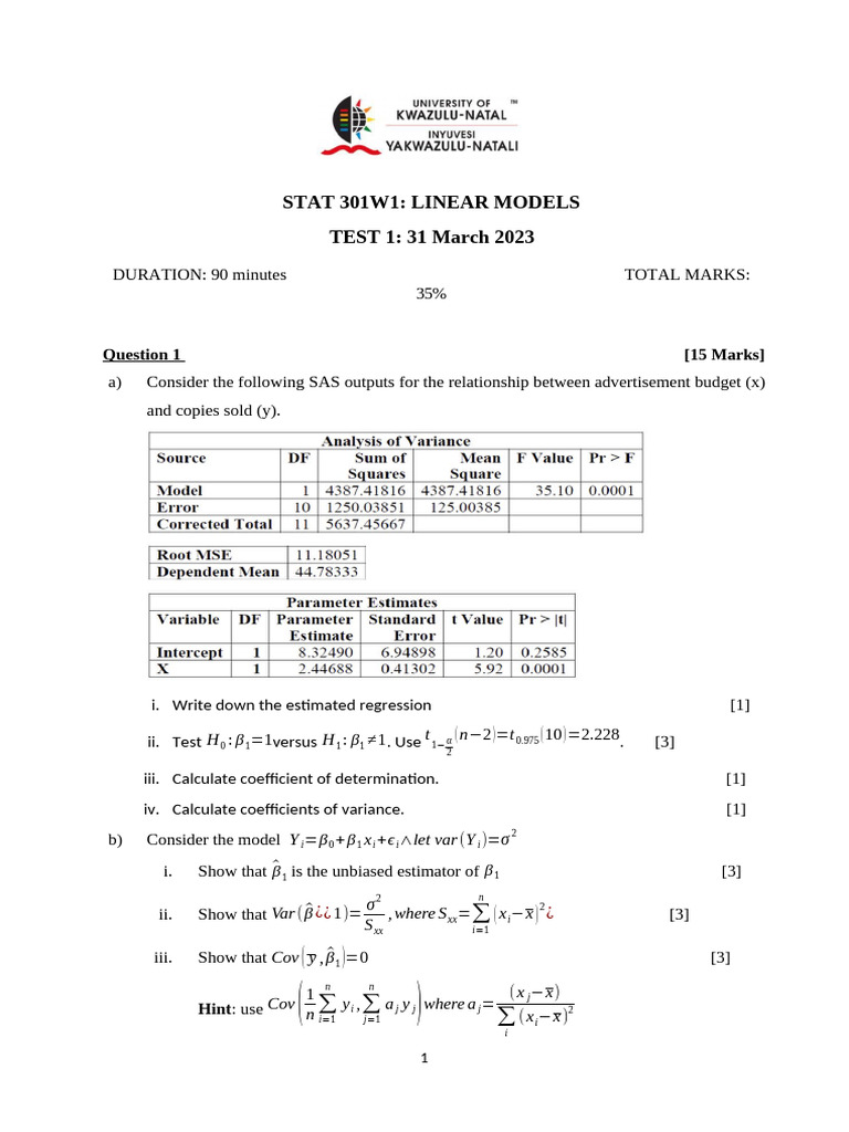 stat301 test 1 _2023 | PDF | Variance | Linear Regression