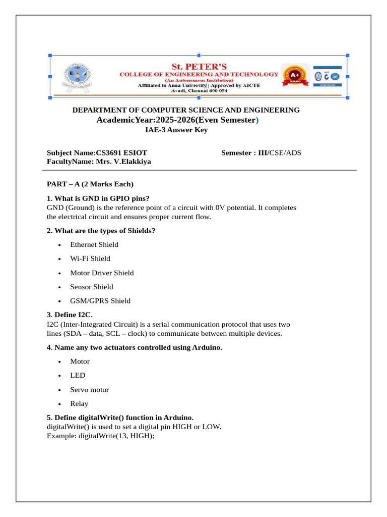 Cs3691 Eiot Iae3 Answer Key | PDF | Arduino | Computing