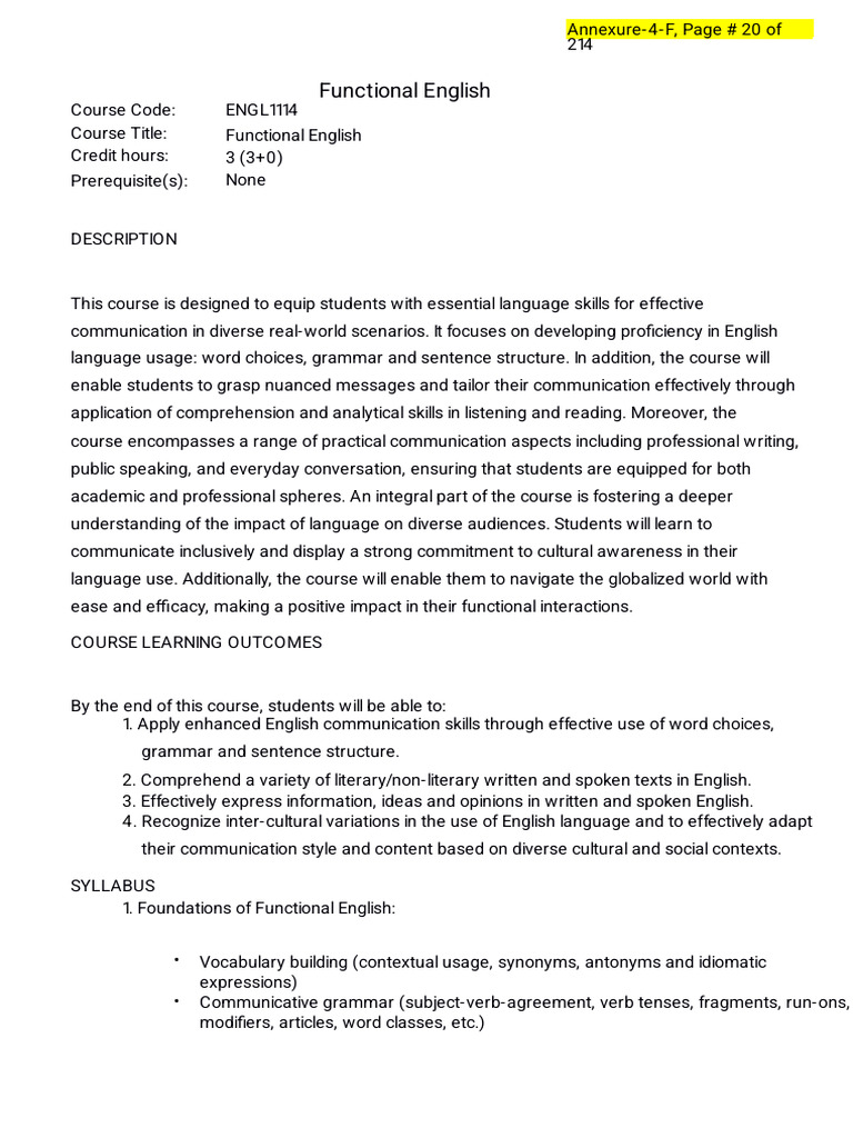 Functional English-1 Outline | PDF | English Language | Communication