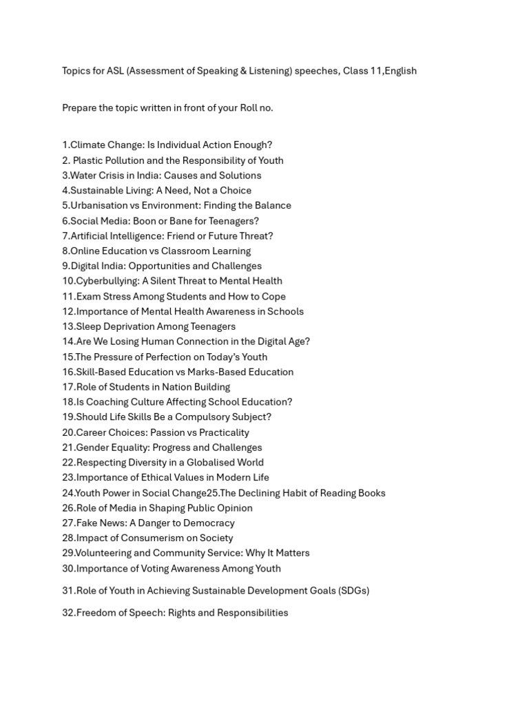 Topics For Speech Class 11 English | PDF