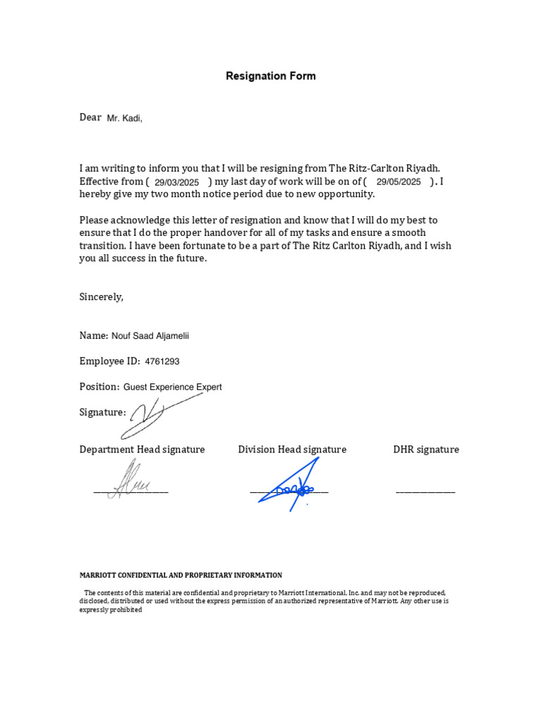 Completed Resignation Form | PDF