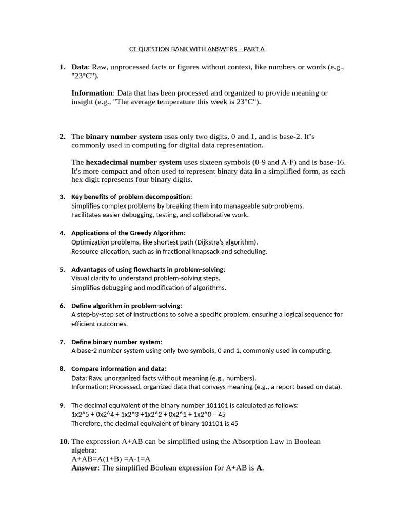 CT Question Bank - Part 1 Answer | PDF | Data Type | Algorithms