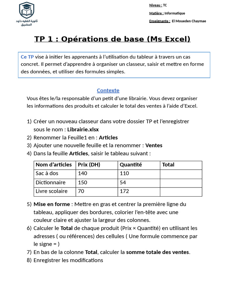 TP1 Ms Excel | PDF