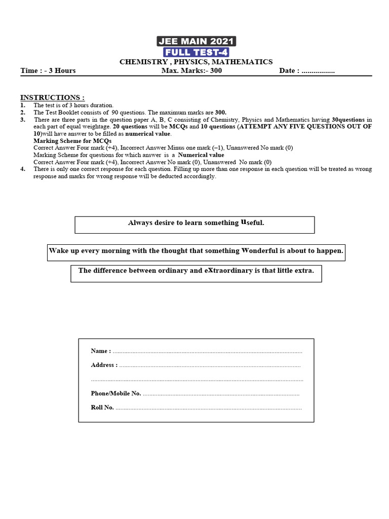 Jee mains full syllabus test | PDF