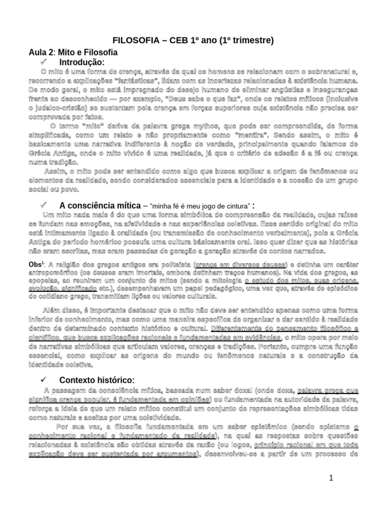 AP 2 CEB FILOSOFIA 1º Ano 1º B - Mito e Filosofia. 2026 | PDF ...