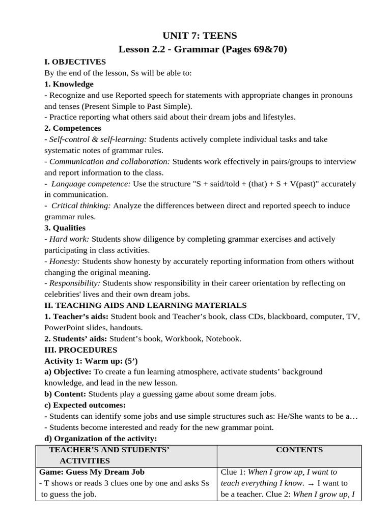Unit 7 - Lesson 2.2 - Grammar - Pages 69 & 70 | PDF | Syntax | Language ...