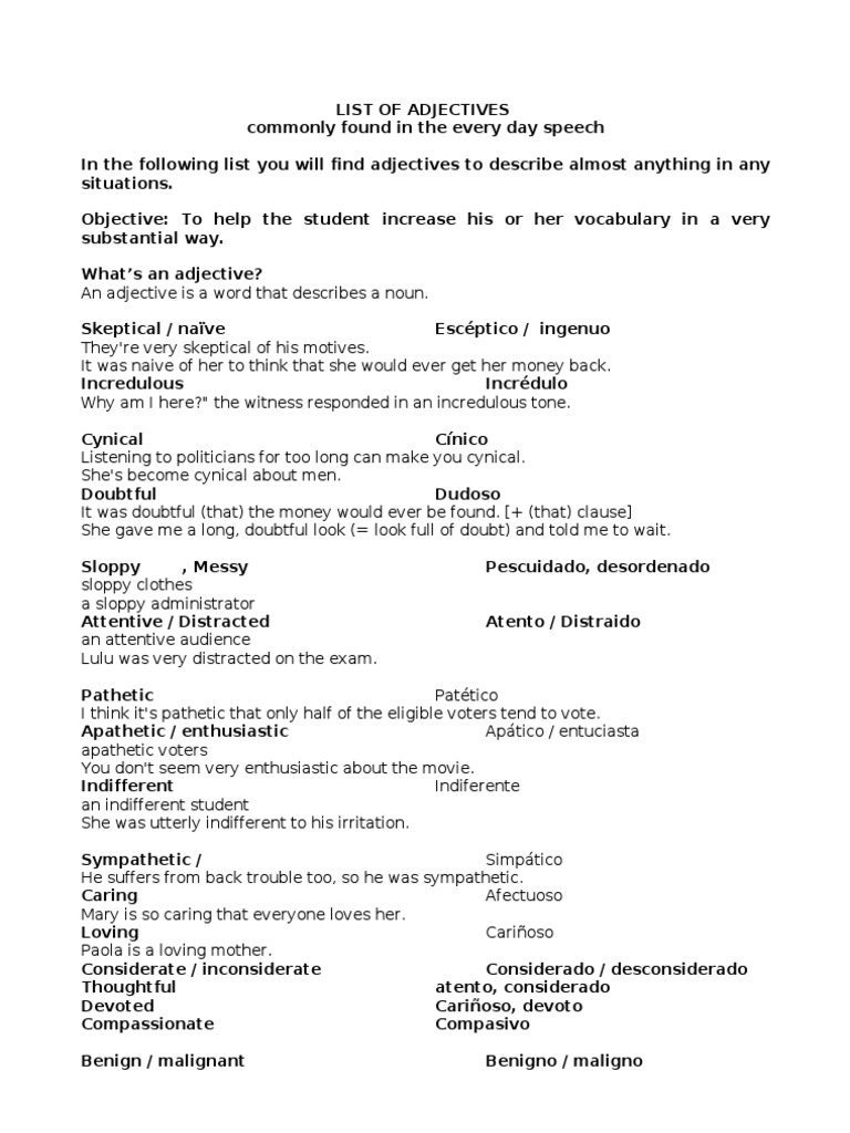 List of Sophisticated Common Adjectives Vocabulary Semantics