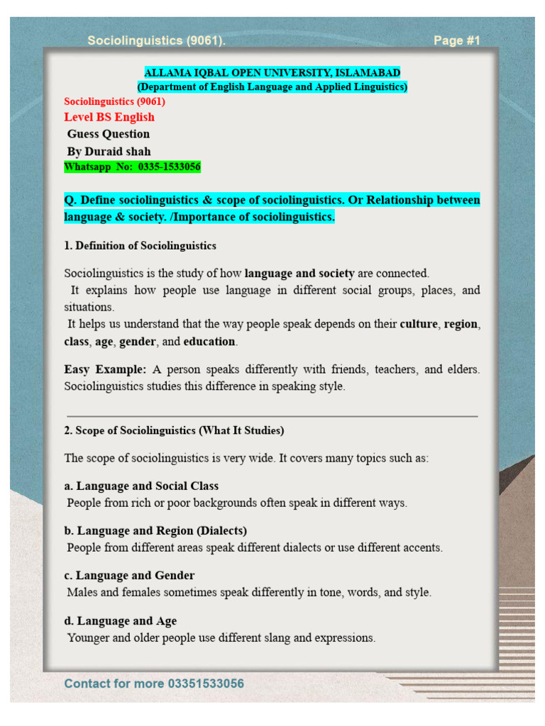Sociolinguistics (9061) Solved Notes by Duraid Shah | PDF | Languages ...