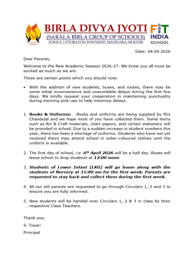 Note To Parents (2026-27) | PDF
