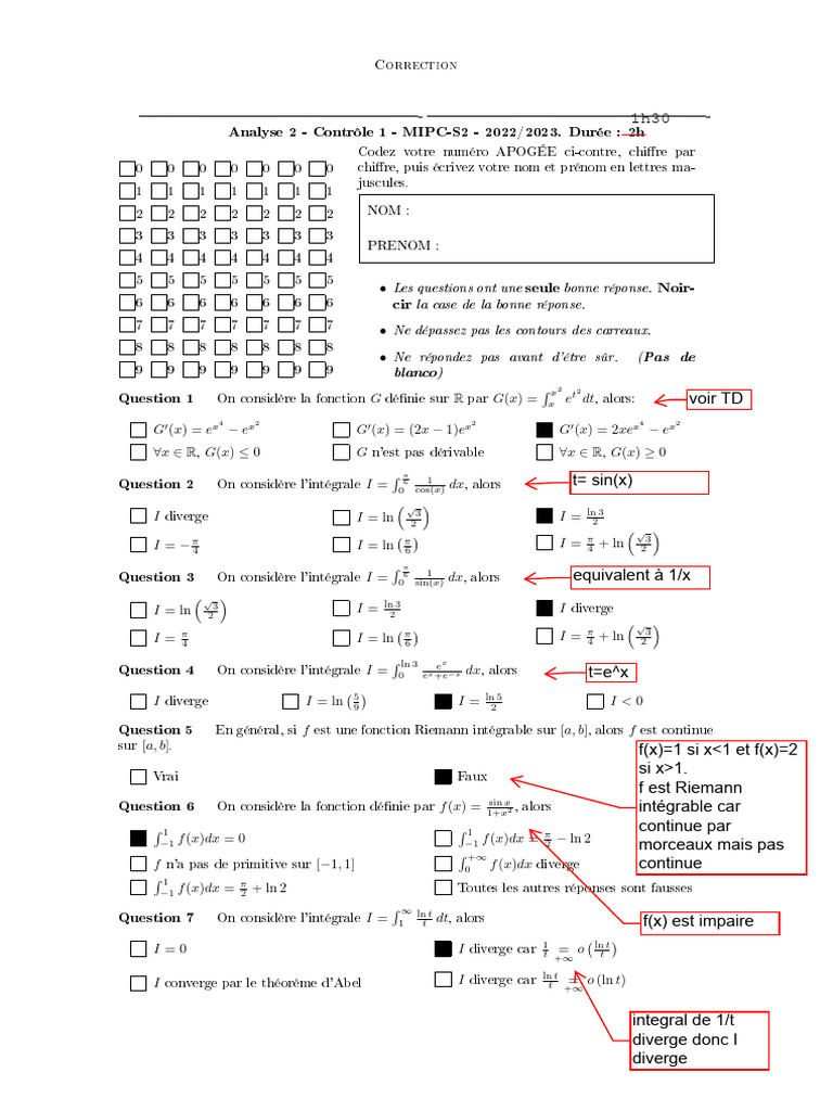 Correction CC1 - 2022 - 2023 | PDF | Analyse mathématique | Calcul
