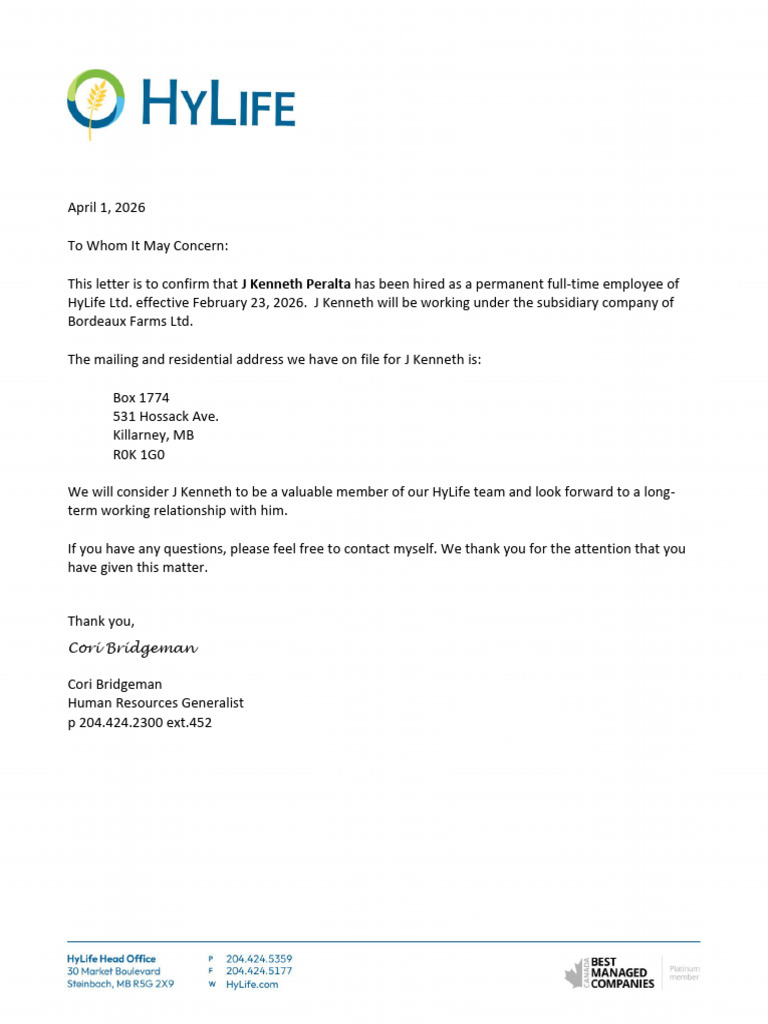 Peralta, J Kenneth - Letter of Employment - MPI | PDF