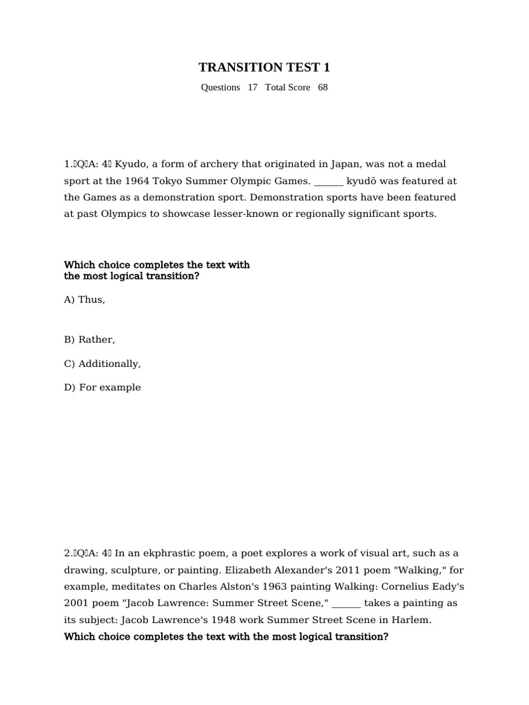 Transition Test 1 | PDF