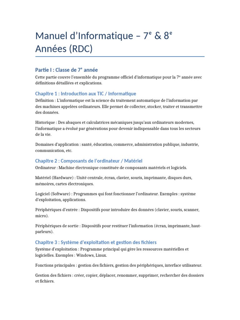 Manuel Informatique 7e 8e RDC | PDF | Informatique | Feuille de calcul