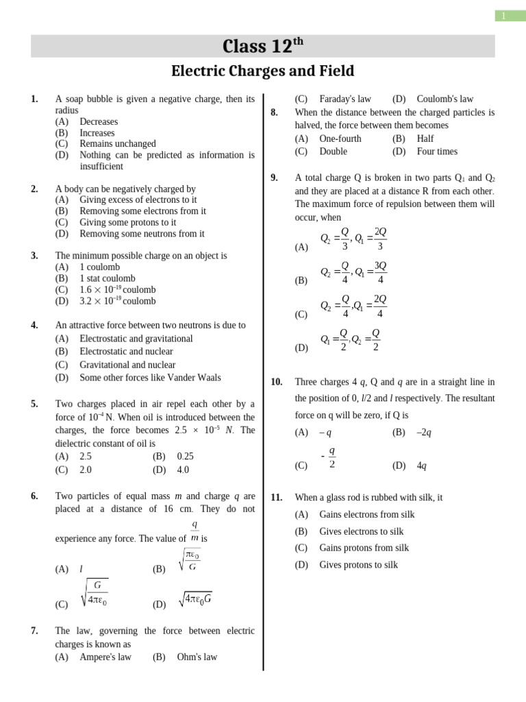Electric Charges and Field_Questions | PDF | Electric Charge | Atomic ...