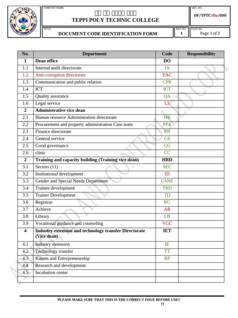 Of Tptc 000 Document Code Identification Form | PDF